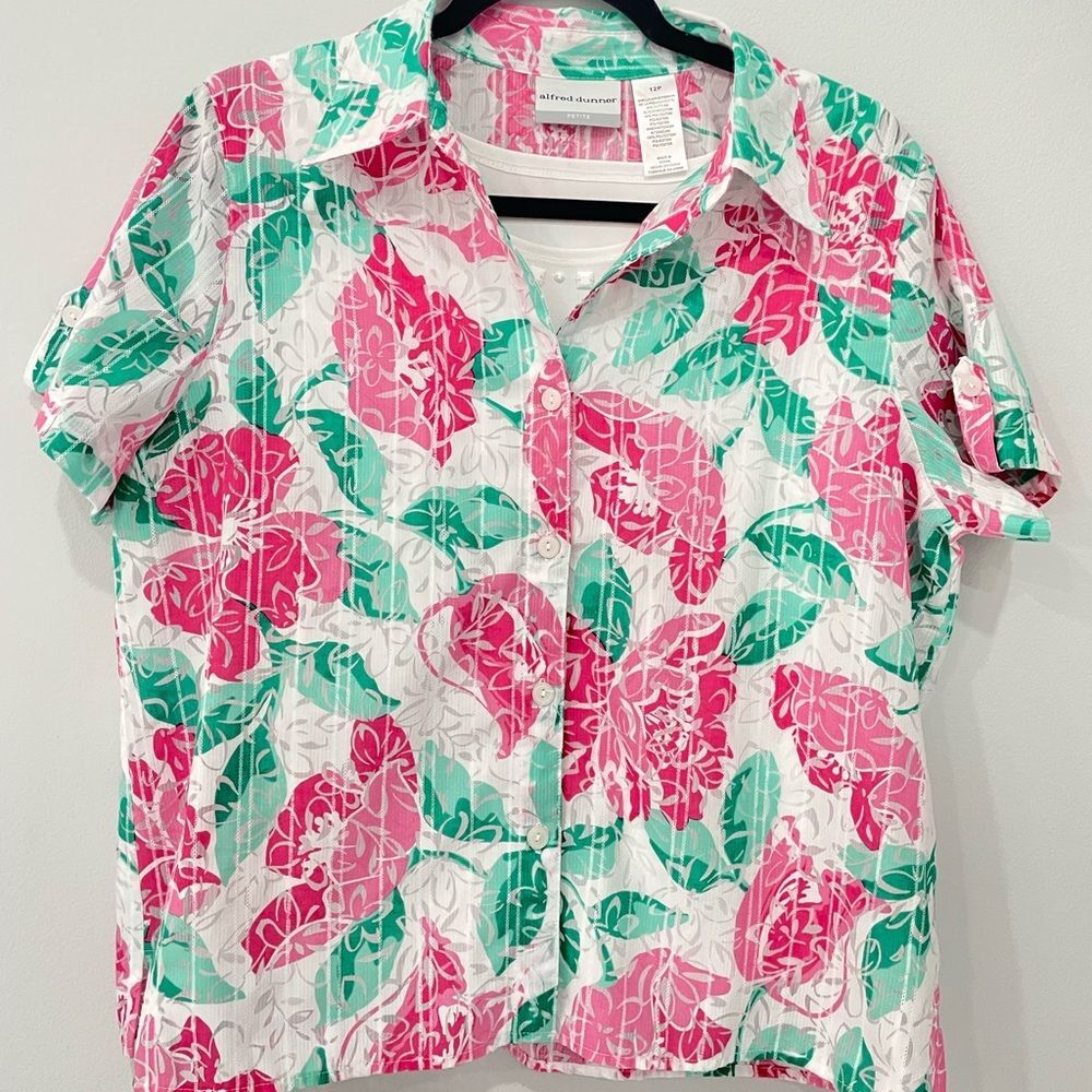 Alfred Dunner Pink & White Button Up Shirt Short Sleeve Floral Women's Sz 12P